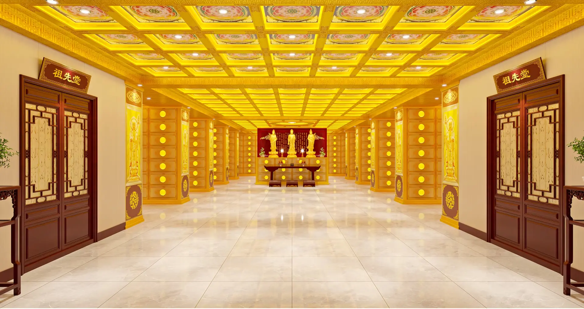 Concept visualization of the planned Memorial Hall at 福泉禪寺, showing a bright golden hall with coffered ceilings, ancestral shrines, Buddha statues and ornate wooden doors